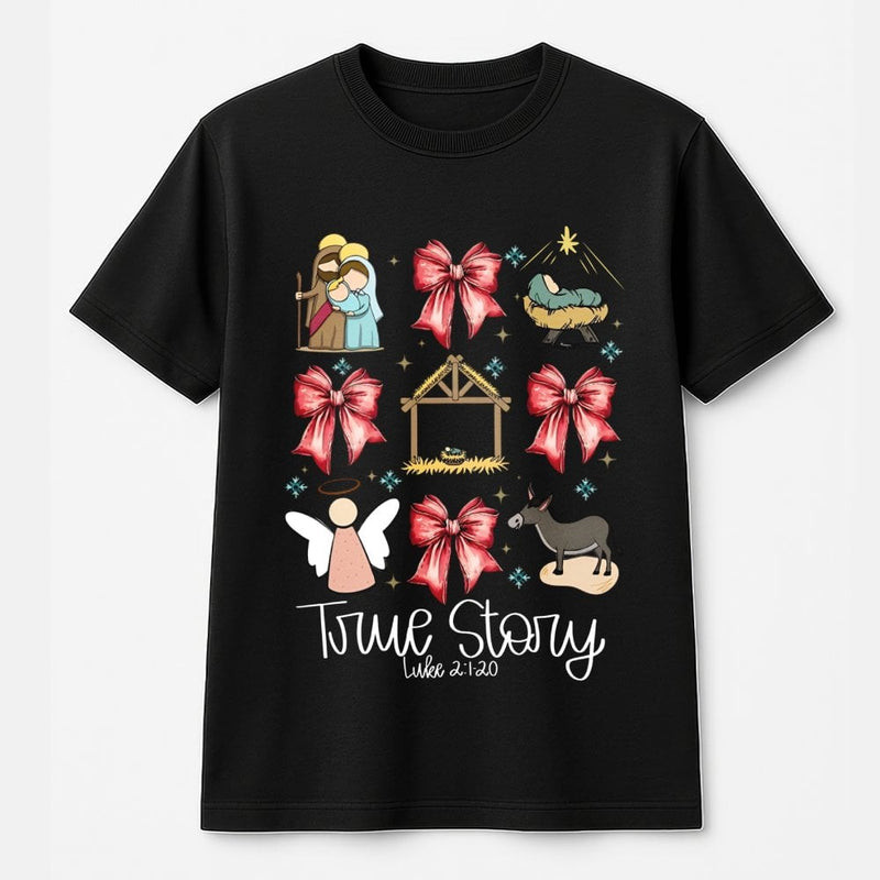 True Story Luke 2 1-20 Nativity Shirt, Nativity Scene Christmas T-Shirt, Christian Holiday Coquette Bow Tee, Religious Nativity Graphic Tee