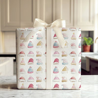 Pastel Santa Beanie Christmas Wrapping Paper, Watercolor Winter Hat Wrapping Paper, Comfy Holiday Wrapping Paper Roll, Festive Gift Wrap