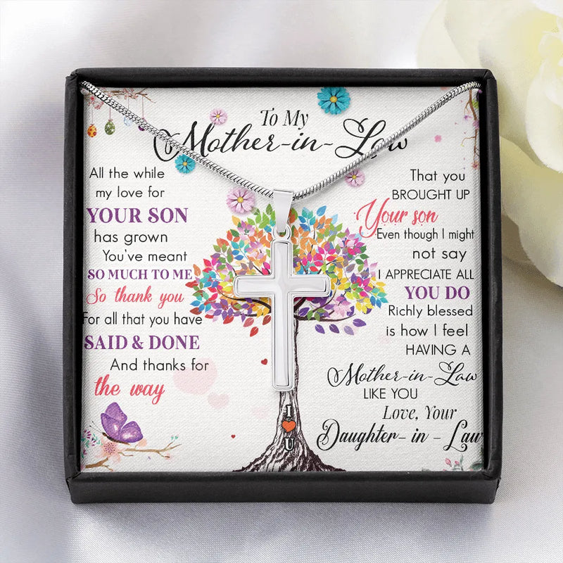 Stainless Steel Cross Necklace, Mother-in-Law Cross Necklace, Religious Faith Cross Necklace, Meaningful Birthday or Christmas Present for Her
