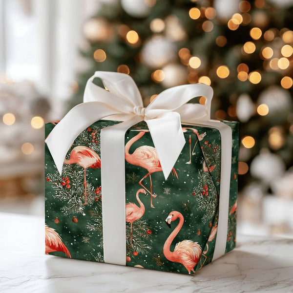 Snowy Pine Red Berry Gift Wrap, Pink Flamingo Christmas Wrapping Paper, Tropical Holiday Wrapping Paper, Coastal Winter Gift 