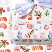 Christmas Icons Wrapping Paper, Watercolor Snowman Stocking Wrapping Paper, Festive Holiday Wrapping Paper Roll, Winter Present Gift Wrap