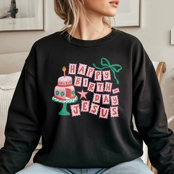 Retro Cake Holiday Sweatshirt, Happy Birthday Jesus Christmas Sweatshirt, Religious Xmas Crewneck, Faith Christmas Sweatshirt