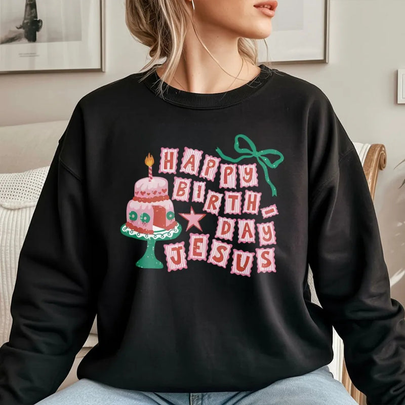 Retro Cake Holiday Sweatshirt, Happy Birthday Jesus Christmas Sweatshirt, Religious Xmas Crewneck, Faith Christmas Sweatshirt, Holiday Present