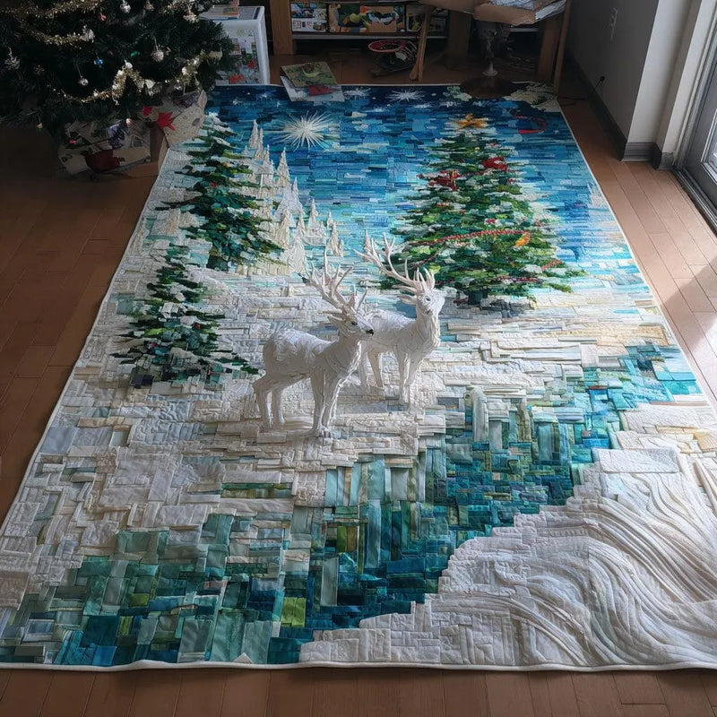 Winter Deer Rug, Enchanted Reindeer Forest Area Rug, Holiday Pine Tree Floor Rug, Washable Christmas Accent Rug, Seasonal Home Decor Present