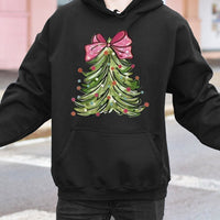 Coquette Bow Holiday Tree Hoodie, Pink Bow Christmas Tree Hoodie, Girly Winter Aesthetic Sweatshirt, Pastel Xmas Graphic Pullover