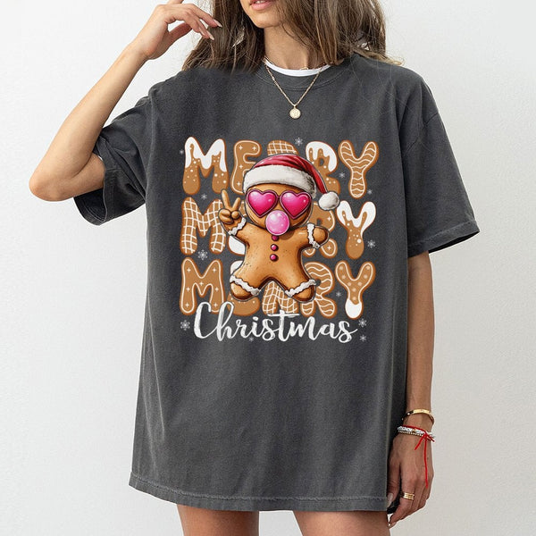 Retro Bubblegum Gingerbread Tee, Gingerbread Man Christmas T-Shirt, Adorable Heart Glasses Shirt, Festive Holiday Graphic Tee