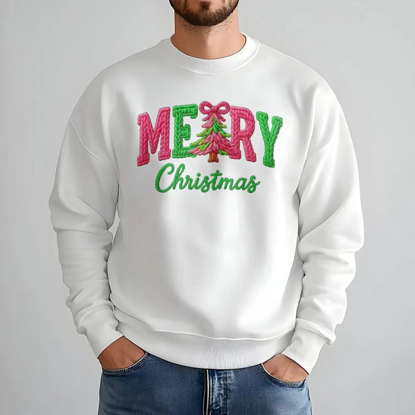 Faux Knitted Yarn Sweater, Merry Christmas Sweatshirt, Vintage Christmas Tree Crewneck, Festive Holiday Pullover, Christmas P