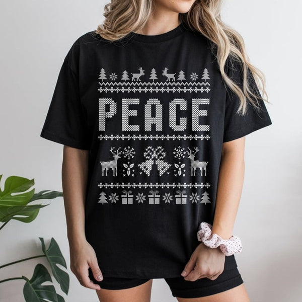 Knitted Sweater Style Xmas T-Shirt, Peace Ugly Christmas Shirt, Humorous Holiday Graphic Tee, Festive Matching Shirt, Retro C