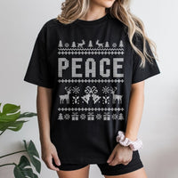 Knitted Sweater Style Xmas T-Shirt, Peace Ugly Christmas Shirt, Humorous Holiday Graphic Tee, Festive Matching Shirt, Retro Christmas Tee Present