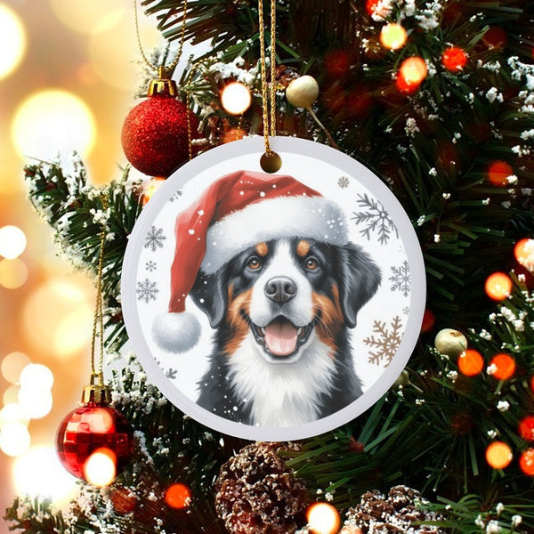 Santa Hat Bernese Christmas Ornament, Bernese Mountain Dog Ornament, Ceramic Dog Lover Holiday Ornament, Festive Pet Tree Dec