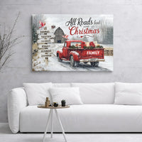 Red Truck Winter Farmhouse Wall Art, Custom Family Name Christmas Canvas, Personalized Holiday Decor, Rustic Winter Wonderland Present
