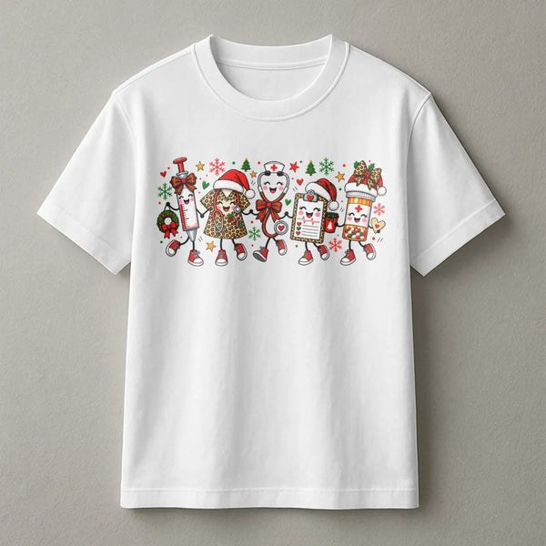 Adorable Medical Squad Christmas Tee, Christmas Nurse T-Shirt, Festive Syringe Pill Bottle Shirt, RN Holiday Present, Healthc