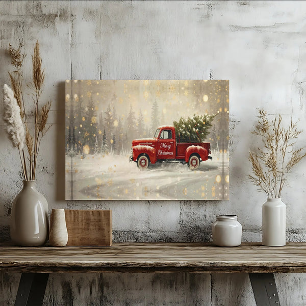 Snowy Winter Forest Canvas Wall Art, Merry Christmas Red Truck Canvas Print, Holiday Farmhouse Canvas Artwork, Festive Xmas W