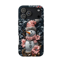 3D Winter Holiday Phone Case, Pink Jeweled Floral Snowman iPhone Case, Adorable Festive Tough Phone Cover, Christmas Phone Case Present for Her