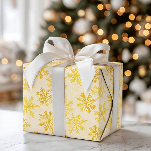 Watercolor Snowflake Gift Wrap, Gold Snowflake Wrapping Paper, Elegant Winter Holiday Wrapping Paper, Cream Christmas Gift Wr