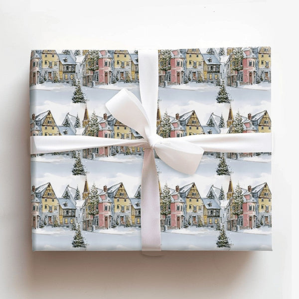Quaint Holiday Town Gift Wrap, Watercolor Snowy European Village Wrapping Paper, Comfy Christmas Present Wrap, Festive Winter