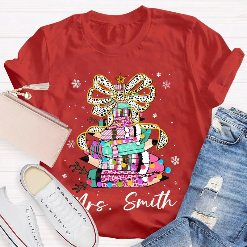 Bow Colored Pencils Snowflake Shirt, Personalized Christmas T-Shirt, Custom Holiday School Graphic Tee, Teacher Present Top