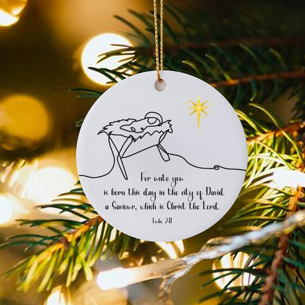 Bible Verse Line Art Christmas Ornament, Luke 2 11 Nativity Ornament, Religious Scripture Ceramic Tree Ornament, Faith Holida