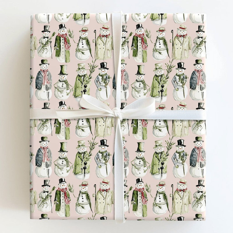 Dapper Winter Holiday Gift Wrap, Vintage Snowman Wrapping Paper, Watercolor Christmas Present Paper, Light Pink Holiday Wrapping Paper Roll