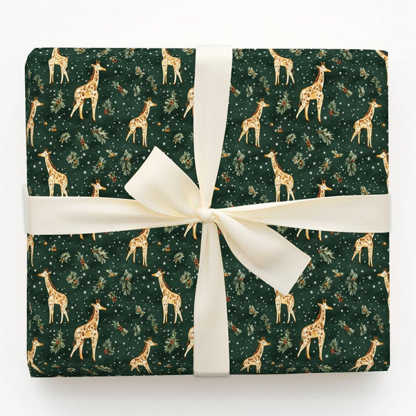 Holly and Snowflake Giraffe Gift Wrap, Christmas Giraffe Wrapping Paper, Winter Giraffe Wrapping Paper, Forest Green Holiday 