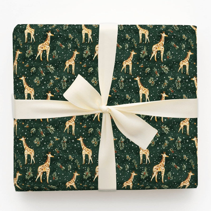 Holly and Snowflake Giraffe Gift Wrap, Christmas Giraffe Wrapping Paper, Winter Giraffe Wrapping Paper, Forest Green Holiday Present Wrap