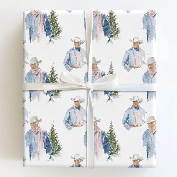 Western Holiday Gift Wrap, Cowboy with Christmas Tree Wrapping Paper, Watercolor Rustic Christmas Wrapping Paper, Country Gif