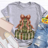 Bookworm Holiday Graphic Tee, Books Bows Lights Christmas Tree Shirt, Comfy Bookish Christmas T-Shirt, Reader Teacher Xmas Present Tee