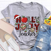 Apple Santa Hat Graphic Tee, Personalized Teacher Christmas Shirt, Custom Name Holiday T-Shirt, Adorable Educator Xmas Tee, Teacher Holiday Present