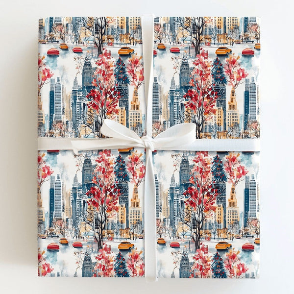 NYC Yellow Taxi Holiday Wrapping Paper, New York Christmas Wrapping Paper, Watercolor Skyline Wrapping Paper, Urban City Trav