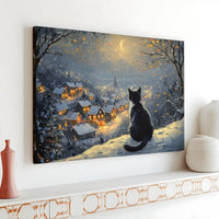 Snowy Christmas Night Art Poster, Black Cat Winter Village Canvas Wall Art, Comfy Holiday Wall Decor Print, Cat Lover Digital Download