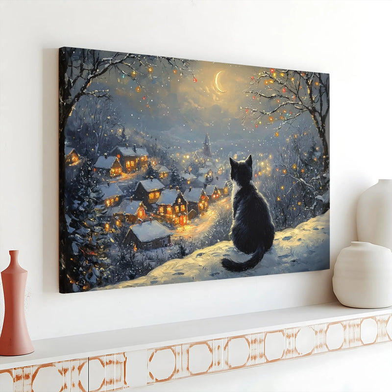Snowy Christmas Night Art Poster, Black Cat Winter Village Canvas Wall Art, Comfy Holiday Wall Decor Print, Cat Lover Digital Download