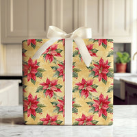 Vintage Christmas Floral Gift Wrap, Red Poinsettia Wrapping Paper, Botanical Holly Berry Present Wrap, Holiday Winter Gift Wrapping Paper
