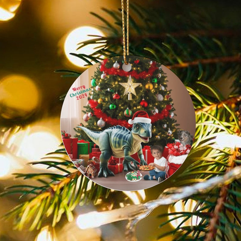 Boy and Dog Dino Tree Ornament, Dinosaur Eating Pizza Christmas Ornament, Adorable 2024 Holiday Ornament, Kids Ceramic Ornament, Dino Lover Present