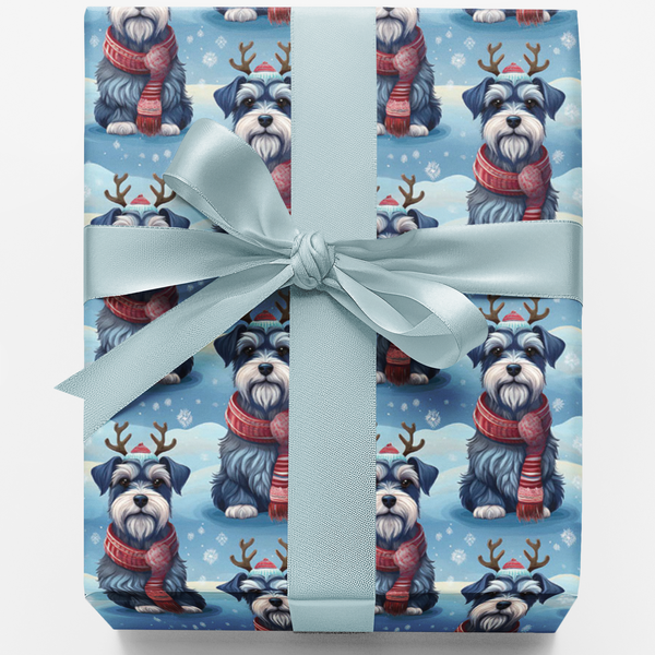 Festive Dog Antler Gift Wrap, Schnauzer Christmas Wrapping Paper, Adorable Puppy Holiday Present Wrap, Dog Lover Gift Wrap, W