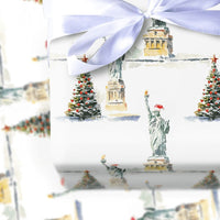 NYC Christmas Tree Gift Wrap, Statue of Liberty Wrapping Paper, New York Holiday Wrapping Paper, Watercolor City Winter Present Paper