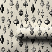Black Ink Ornament Gift Wrap, Monochrome Vintage Christmas Wrapping Paper, Retro Baubles Wrapping Paper Roll, Holiday Gift Wrap