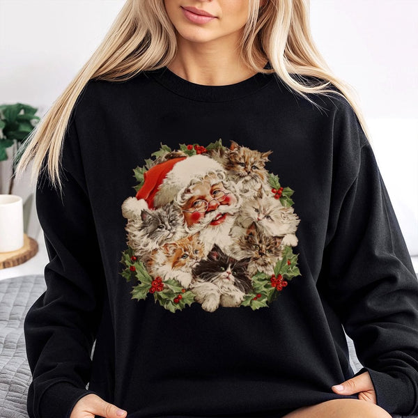 Adorable Cat Lover Holiday Sweatshirt, Santa Kittens Christmas Sweatshirt, Vintage Kitten Crewneck Sweatshirt, Humorous Xmas 