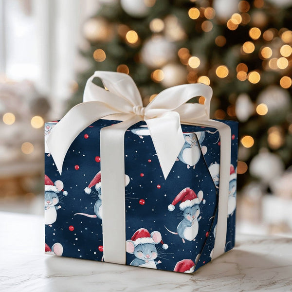 Adorable Santa Hat Mouse Gift Wrap, Christmas Mice Wrapping Paper, Holiday Mice Wrapping Paper, Whimsical Winter Animal Gift 
