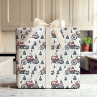 Pine Tree Biker Santa Gift Wrap, Red Motorcycle Santa Wrapping Paper, Festive Motorcycle Christmas Wrapping Paper, Biker Gift Wrap