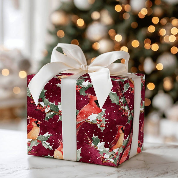 Burgundy Holly Berry Gift Wrap, Winter Cardinal Christmas Wrapping Paper, Watercolor Bird Holiday Wrapping Paper, Nature Fest