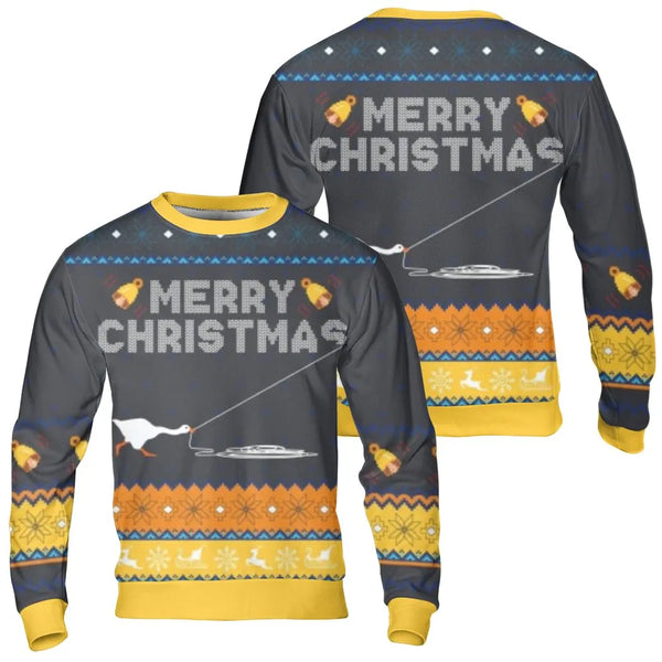 Humorous Goose Winter Sweater, Goose Ice Fishing Ugly Christmas Sweatshirt, Ice Fishing Christmas Crewneck, Holiday Goose Fis
