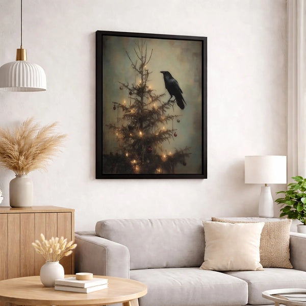 Moody Victorian Holiday Canvas Print, Gothic Raven Christmas Tree Wall Art, Dark Academia Holiday Decor, Digital Download
