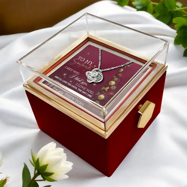 Romantic Crystal Necklace, Soulmate Love Knot Necklace, CZ Heart Knot Pendant, Rotating Rose Gift Box, Christmas Jewelry Pres