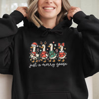 Just a Merry Goose Hooded Sweatshirt, Christmas Goose Hoodie, Humorous Holiday Animal Pullover, Adorable Winter Xmas Sweater Present