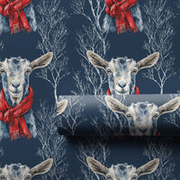 Navy Blue Red Scarf Holiday Gift Wrap, Winter Goat Christmas Wrapping Paper, Farm Animal Christmas Wrapping Paper, Festive Winter Gift Wrap