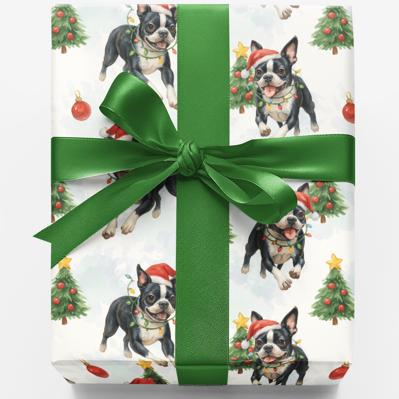 Watercolor Dog Holiday Wrapping Paper, Boston Terrier Christmas Gift Wrap, Festive Puppy Present Wrap, Adorable Dog Lover Holiday Wrapping Paper