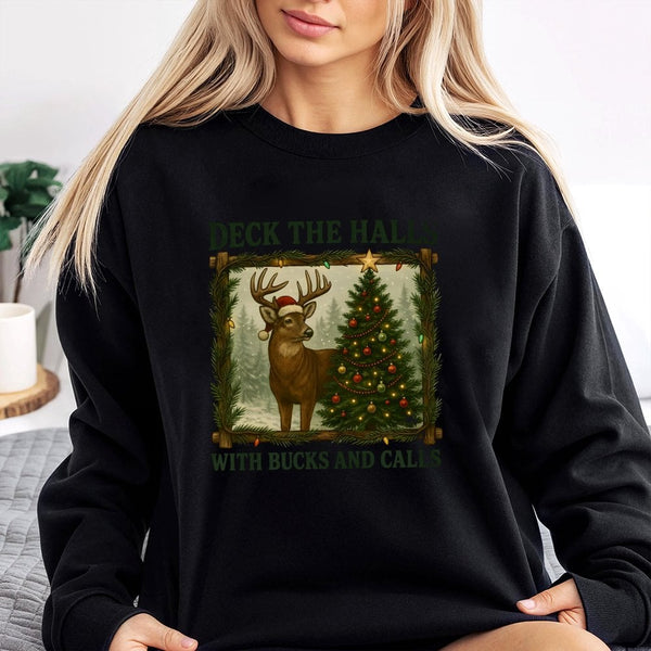 Humorous Deer Hunting Christmas Sweater, Deck the Halls with Bucks and Calls Sweatshirt, Hunter Holiday Crewneck, Hunting Xma