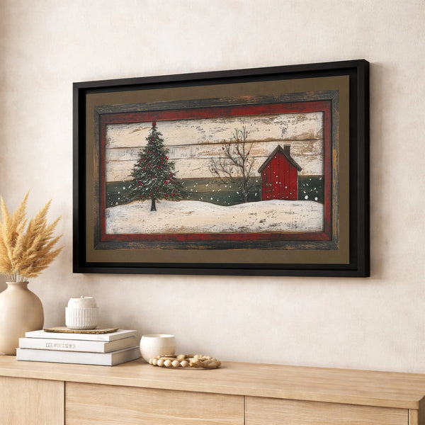 Snowy Christmas Tree Canvas Print, Rustic Red Barn Winter Canvas Art, Farmhouse Holiday Wall Decor, Winter Landscape Canvas W