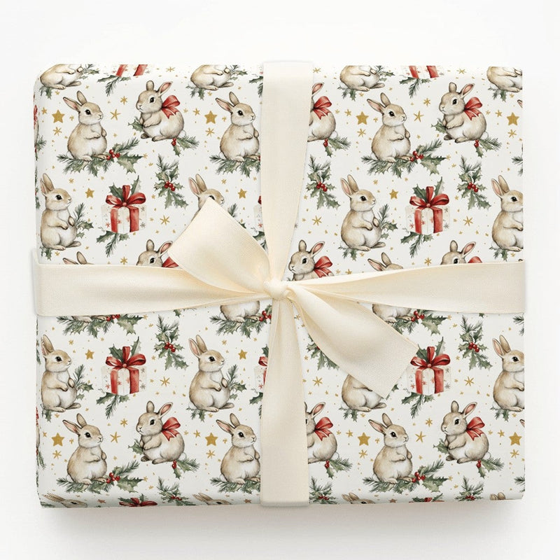 Watercolor Rabbit Gift Wrap, Bunny Christmas Wrapping Paper, Woodland Animal Wrapping Paper, Holiday Holly Gift Wrap, Xmas Present Roll