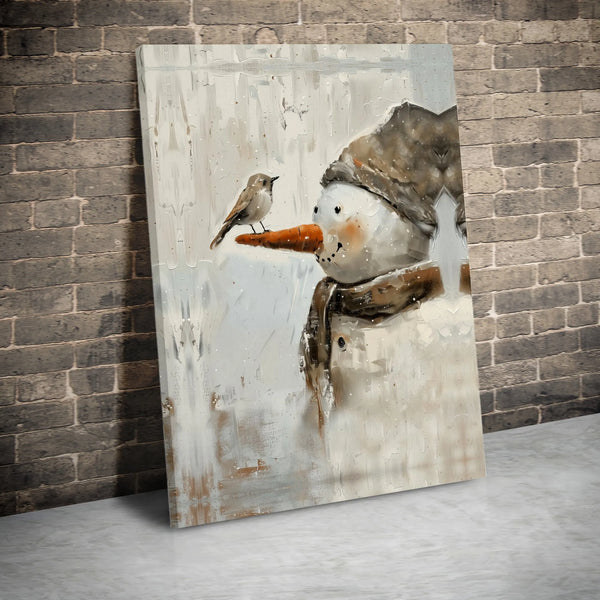 Adorable Winter Bird Canvas Print, Whimsical Snowman Canvas Wall Art, Holiday Snowman Canvas Art, Festive Farmhouse Wall Deco
